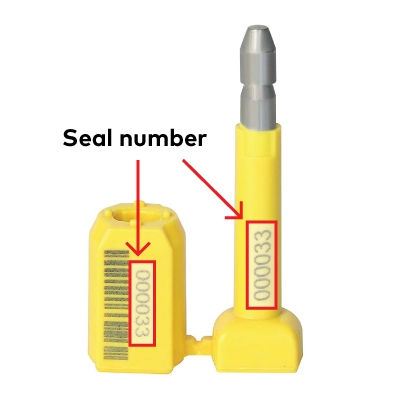Seal numbers on a bolt container seal