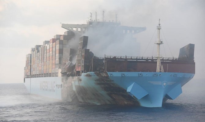 Maersk Honam container vessel ablaze in Arabian Sea