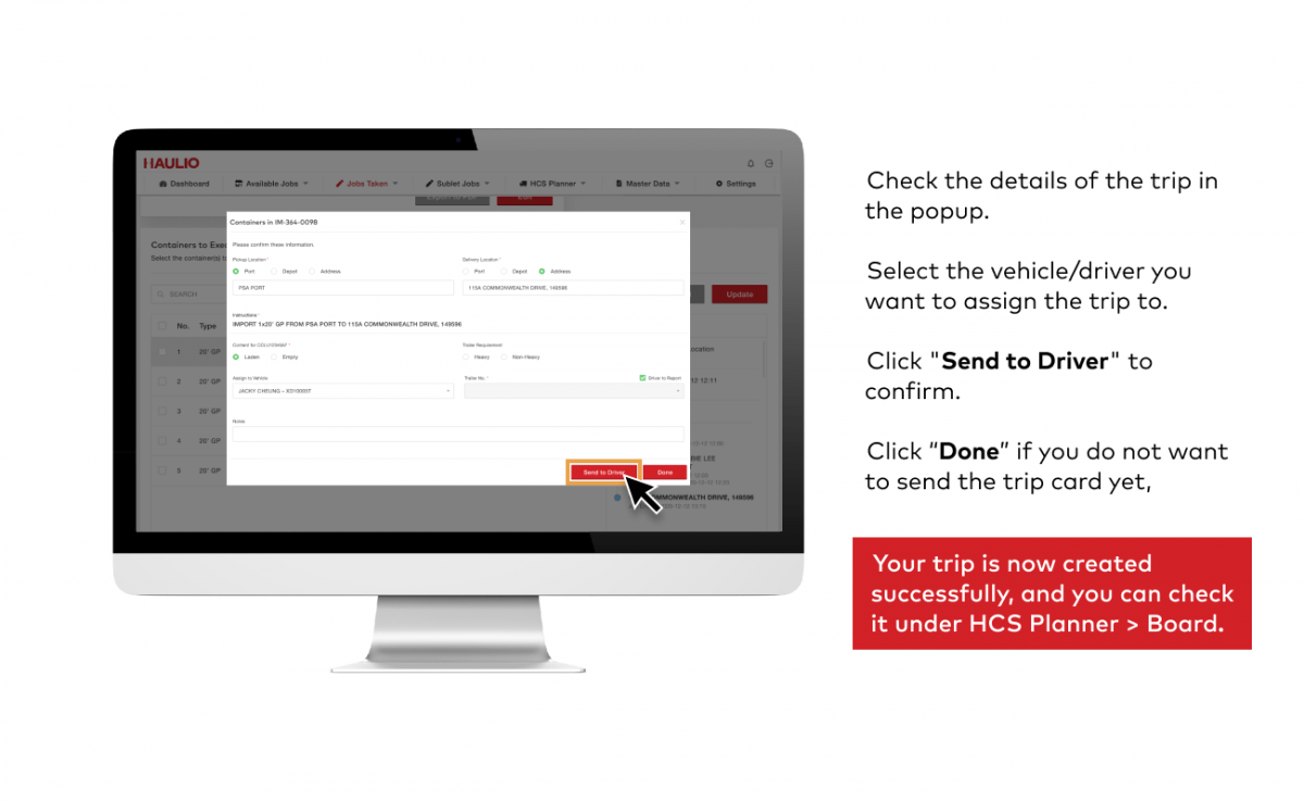 HOP Job Management - Assign Trip Card