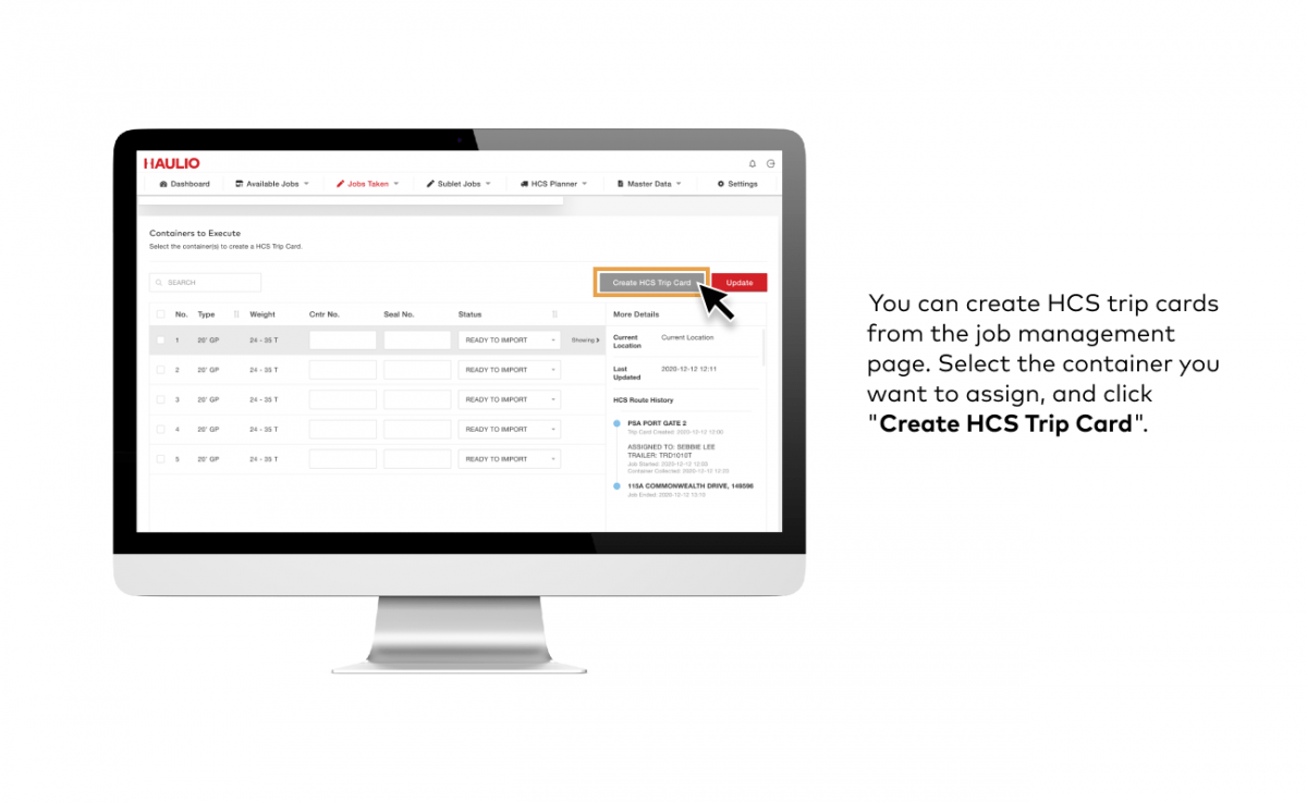 HOP Job Management - Create HCS Trip Card